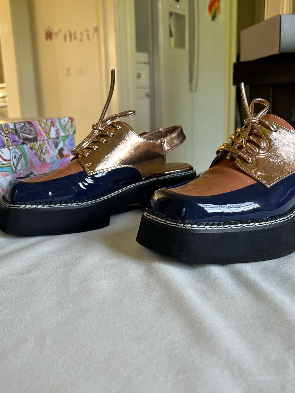 Jeffrey Campbell Rose Gold, Navy & Tan Patent Slingback Lace-Up Mules - Picture 3 of 10